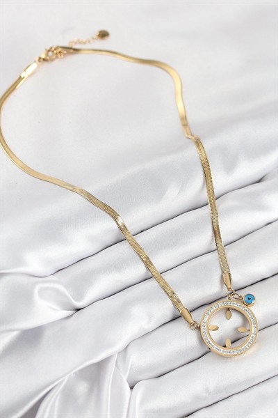 Mey İthalat® 316L Çelik Zirkon Taşlı Çeyrek Takılabilir Gold Renk Kadın Kolye