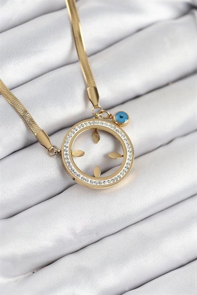 Mey İthalat® 316L Çelik Zirkon Taşlı Çeyrek Takılabilir Gold Renk Kadın Kolye