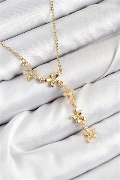 Mey İthalat® 316L Çelik Zirkon Taşlı Çiçek Model Gold Renk Kadın Kolye