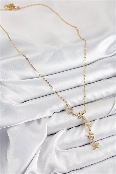 Mey İthalat® 316L Çelik Zirkon Taşlı Çiçek Model Gold Renk Kadın Kolye