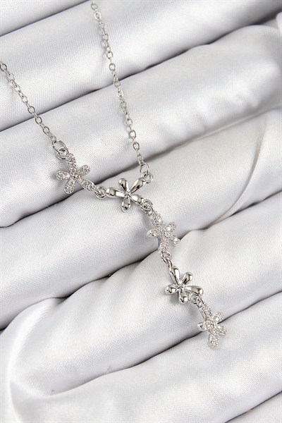 Mey İthalat® 316L Çelik Zirkon Taşlı Çiçek Model Gümüş Renk Kadın Kolye