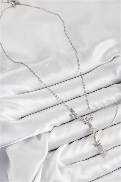 Mey İthalat® 316L Çelik Zirkon Taşlı Çiçek Model Gümüş Renk Kadın Kolye