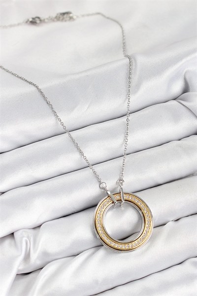 Mey İthalat® 316L Çelik Zirkon Taşlı Dönen Daire Model Gold Ve Gümüş Renk Kadın Kolye