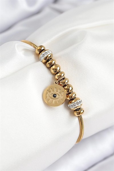 Mey İthalat® 316L Çelik Zirkon Taşlı Göz Charm Model Gold Renk Kadın Bileklik