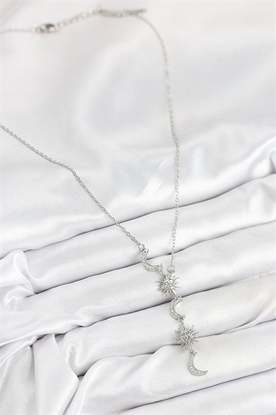 Mey İthalat® 316L Çelik Zirkon Taşlı Güneş Ve Ay Model Gümüş Renk Kadın Kolye