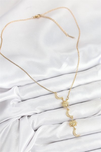 Mey İthalat® 316L Çelik Zirkon Taşlı Güneş Ve Ay Model Gold Renk Kadın Kolye