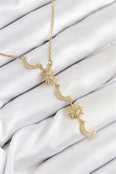 Mey İthalat® 316L Çelik Zirkon Taşlı Güneş Ve Ay Model Gold Renk Kadın Kolye