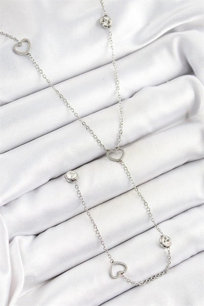 Mey İthalat® 316L Çelik Zirkon Taşlı Kalp Figürlü Y Model Gümüş Renk Kadın Kolye