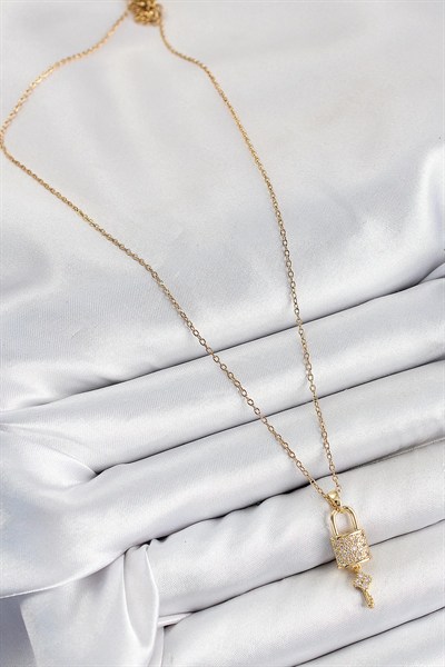 Mey İthalat® 316L Çelik Zirkon Taşlı Kilit Ve Sallantılı Anahtar Model Gold Renk Kadın Kolye