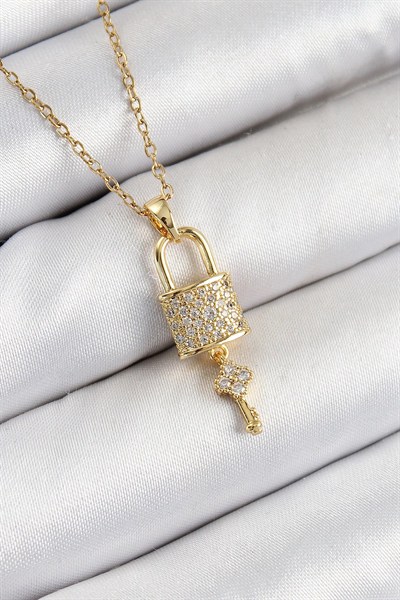 Mey İthalat® 316L Çelik Zirkon Taşlı Kilit Ve Sallantılı Anahtar Model Gold Renk Kadın Kolye