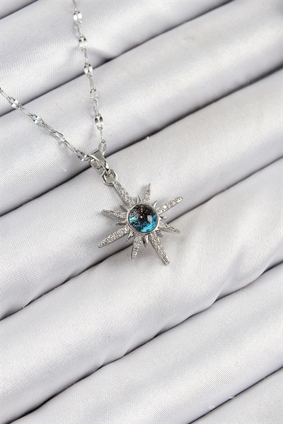 Mey İthalat® 316L Çelik Zirkon Taşlı Kutup Yıldızı Model Gümüş Renk Kadın Kolye