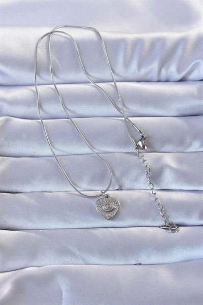 Mey İthalat® 316L Gümüş Renk Zirkon Taşlı İşlemeli Göz Detay Kalp Kolye