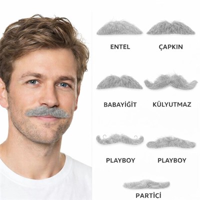 Mey İthalat® 6’lı Yapışkanlı Gri Parti Bıyık Seti – Farklı Modeller