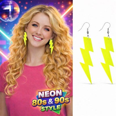 Mey İthalat® 80’ler 90'lar Retro Neon Sarı Şimşek Küpe 10 cm