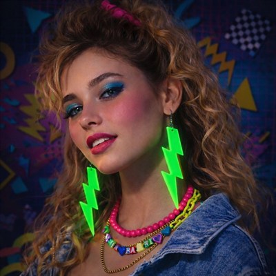 Mey İthalat® 80’ler 90'lar Retro Neon Yeşil Şimşek Küpe 10 cm