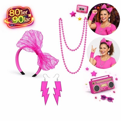 Mey İthalat® 80’ler 90’lar Neon Pembe Parti Seti – Kolye Küpe Taç