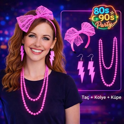 Mey İthalat® 80’ler 90’lar Neon Pembe Parti Seti – Kolye Küpe Taç