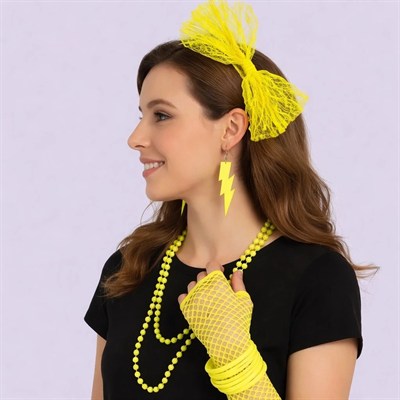 Mey İthalat® 80’ler 90’lar Neon Sarı Parti Seti – Kolye Küpe Taç