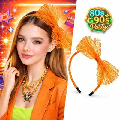 Mey İthalat® 80’ler 90’lar Neon Turuncu Dantel Taç Fiyonklu