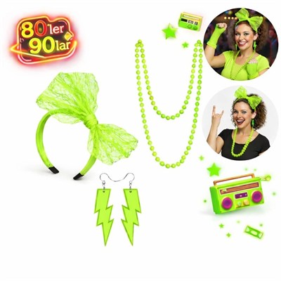 Mey İthalat® 80’ler 90’lar Neon Yeşil Parti Seti – Kolye Küpe Taç