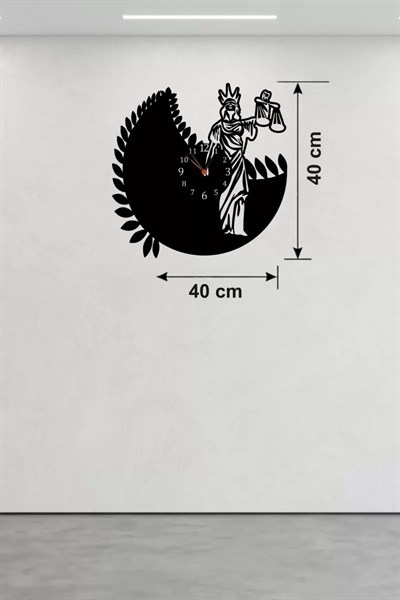Mey İthalat® Adalet Tanrıçası Themis Tasarım Ahşap Duvar Saati - 40x40 cm Avukat Hediyesi