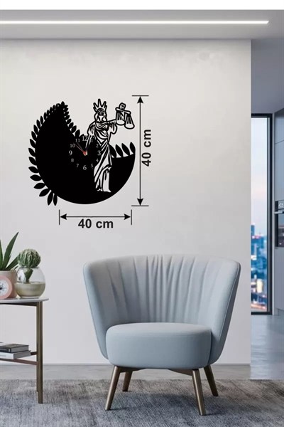 Mey İthalat® Adalet Tanrıçası Themis Tasarım Ahşap Duvar Saati - 40x40 cm Avukat Hediyesi