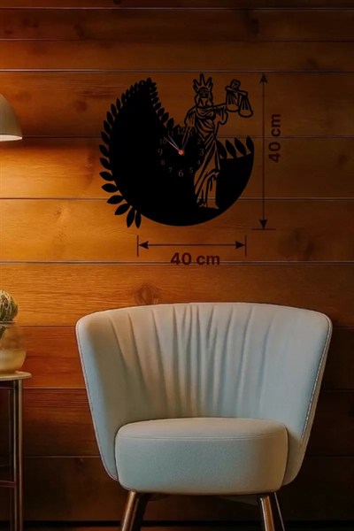 Mey İthalat® Adalet Tanrıçası Themis Tasarım Ahşap Duvar Saati - 40x40 cm Avukat Hediyesi