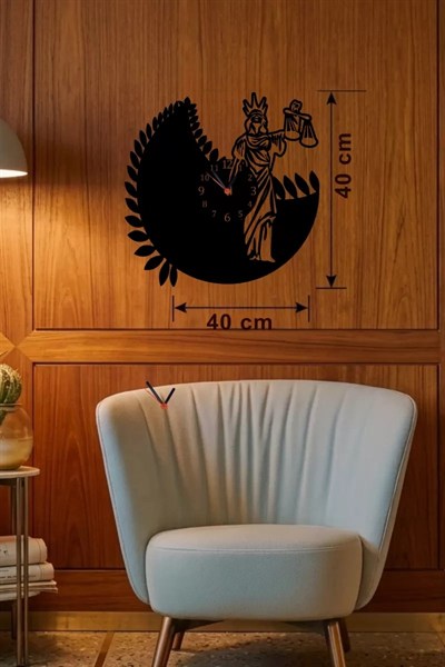 Mey İthalat® Adalet Tanrıçası Themis Tasarım Ahşap Duvar Saati - 40x40 cm Avukat Hediyesi