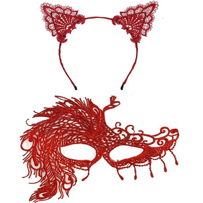Mey İthalat® Alevin Zarafeti Kırmızı Dantel Maske ve Taç Seti 4 No – Kadın Kostüm Tamamlayıcı