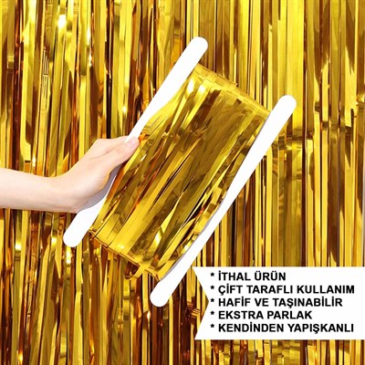 Mey İthalat® Altın Gold Renk Ekstra Metalize Parlak Saçaklı Arka Fon Perde İthal A Kalite 1x2 Metre