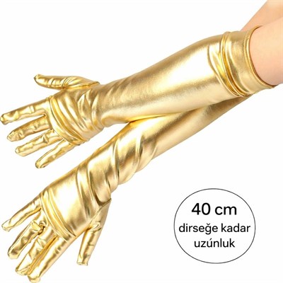 Mey İthalat® Altın Renk Dirsek Altı Lüks Saten Eldiven 40 cm