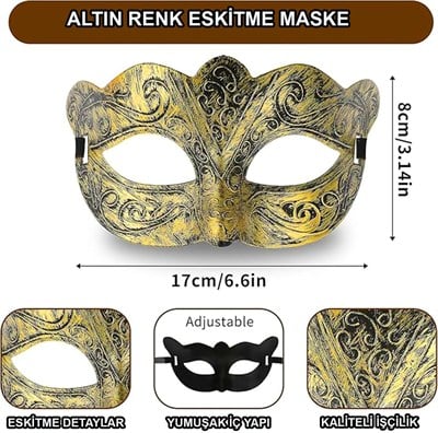 Mey İthalat® Altın Renk Eskitme Maskeli Balo Maskesi – Venedik Tarzı Parti Maskesi