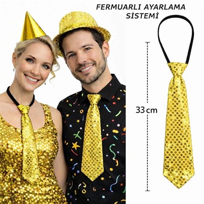 Mey İthalat® Altın Renk Pul Payetli Işıltılı Parti Kravatı 33 cm