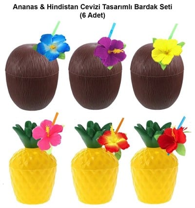 Mey İthalat® Ananas & Hindistan Cevizi Tasarımlı Pipetli Bardak Seti (6 Adet)