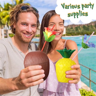 Mey İthalat® Ananas & Hindistan Cevizi Tasarımlı Pipetli Bardak Seti (6 Adet)