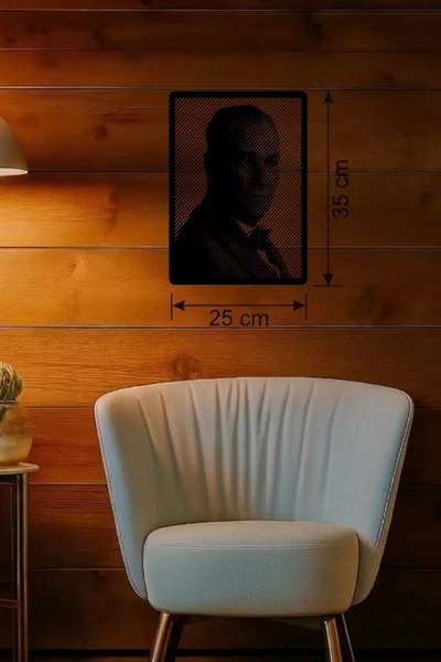 Mey İthalat® Atatürk Line Art Metal Görünümlü Ahşap Tablo - Modern Ofis ve Ev Dekoru