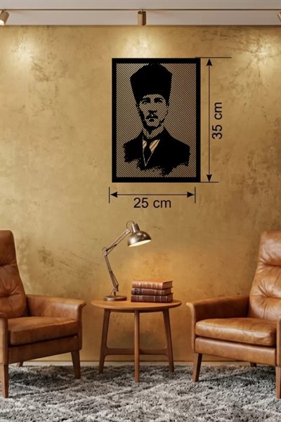 Mey İthalat® Atatürk Line Art Metal Görünümlü Ahşap Tablo - Modern Ofis ve Ev Dekoru