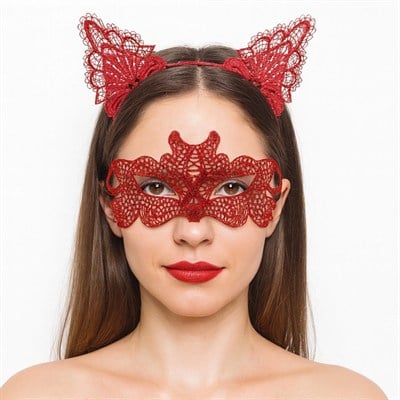 Mey İthalat® Ateş Kırmızısı Dantel Taç ve Maske Seti 10 No - Maskeli Balo & Özel Gün Seti