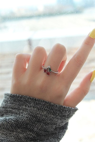Mey İthalat® Ayarlamalı Gümüş Renk Kristal Taşlı Kiraz Yüzük