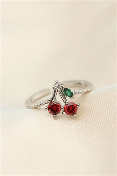 Mey İthalat® Ayarlamalı Gümüş Renk Kristal Taşlı Kiraz Yüzük