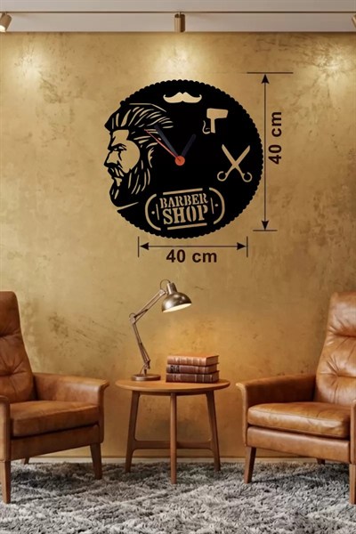 Mey İthalat® Berber Kuaför Tasarım Ahşap Duvar Saati - 40x40 cm Berber Dekorasyonu