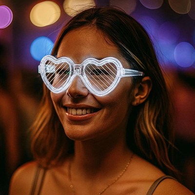 Mey İthalat® Beyaz LED Işıklı Kalp Gözlük – 3 Modlu Parti & Glow Gözlüğü