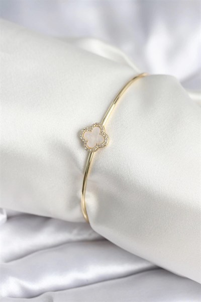 Mey İthalat® Beyaz Sedefli Yonca Model Gold Renk Kadın Bileklik