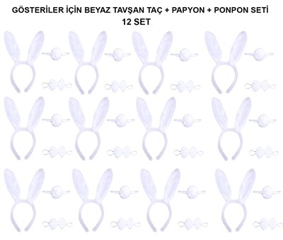 Mey İthalat® Beyaz Tavşan Kostüm Seti – Taç, Papyon, Kuyruk (12’li Paket)