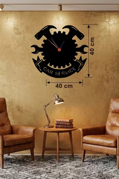 Mey İthalat® Car Service Temalı Ahşap Duvar Saati - 40x40 cm Teknik Servis Dekoru