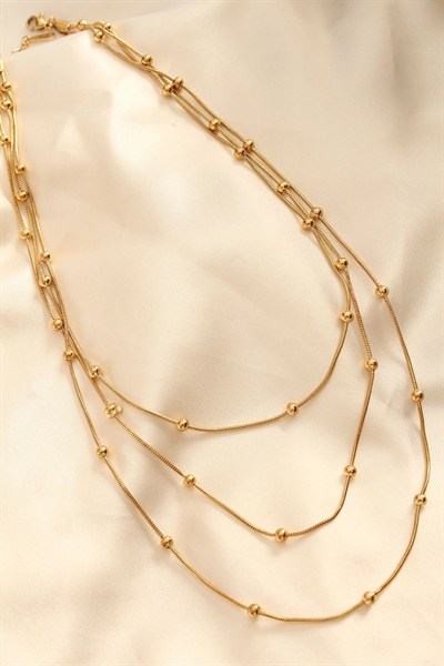 Mey İthalat® Çelik Altın Renkli Topçuk Tasarımlı Çoklu Kolye