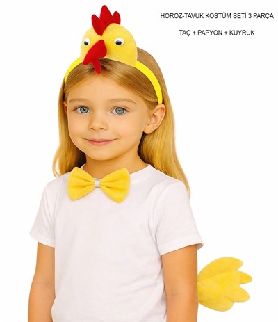 Mey İthalat® Çocuk Horoz Tavuk Kostüm Seti 3 Parça (Taç + Papyon + Kuyruk)