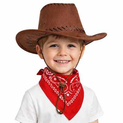Mey İthalat® Çocuk Kovboy Şapka Kahverengi & Kırmızı Bandana Fular Seti
