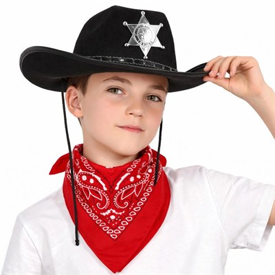 Mey İthalat® Çocuk Kovboy Şapka Rozetli Siyah & Kırmızı Bandana Fular Seti