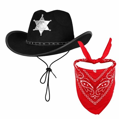 Mey İthalat® Çocuk Kovboy Şapka Rozetli Siyah & Kırmızı Bandana Fular Seti